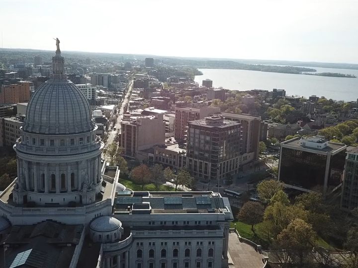 The Wisconsin State Capitol and the Madison isthmus from the air (the homepage header film)